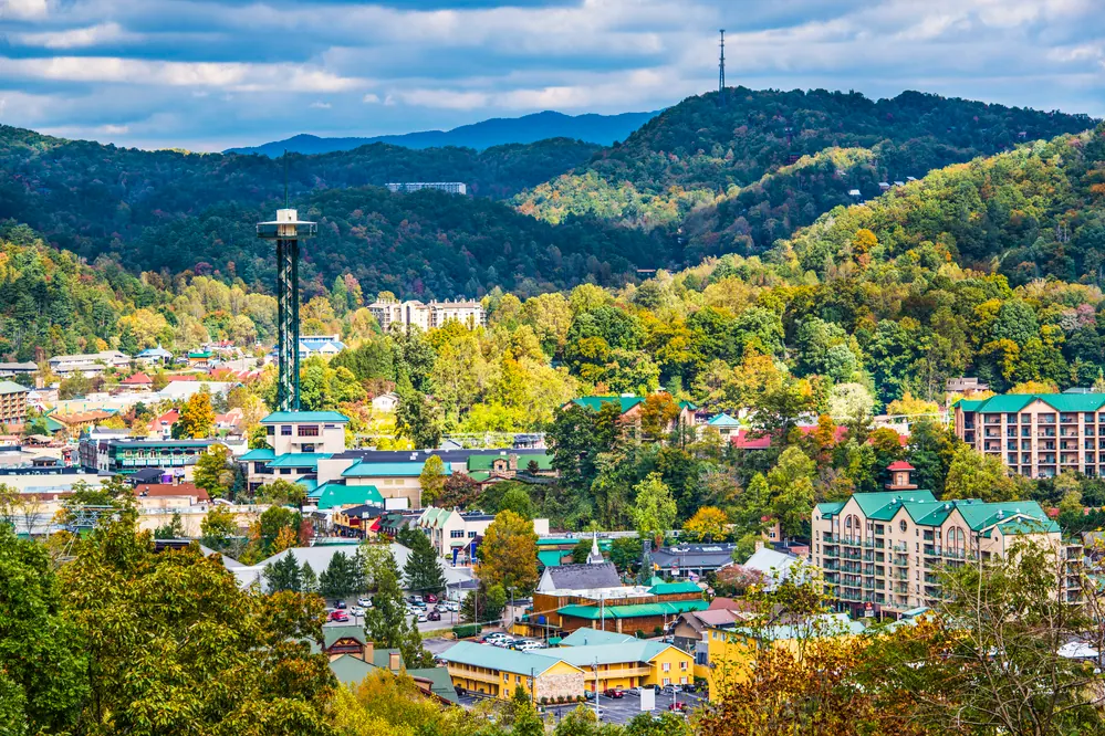 Gatlinburg and the Smoky Mountains as seen from Sevierville, Tennessee with fall foliage